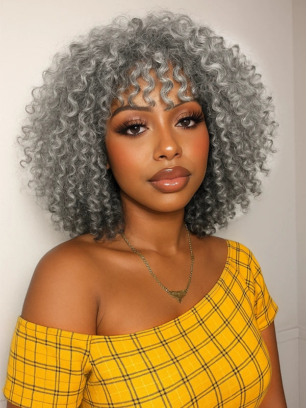 Luvwin Salt And Pepper Defined Curls Wig With Bangs