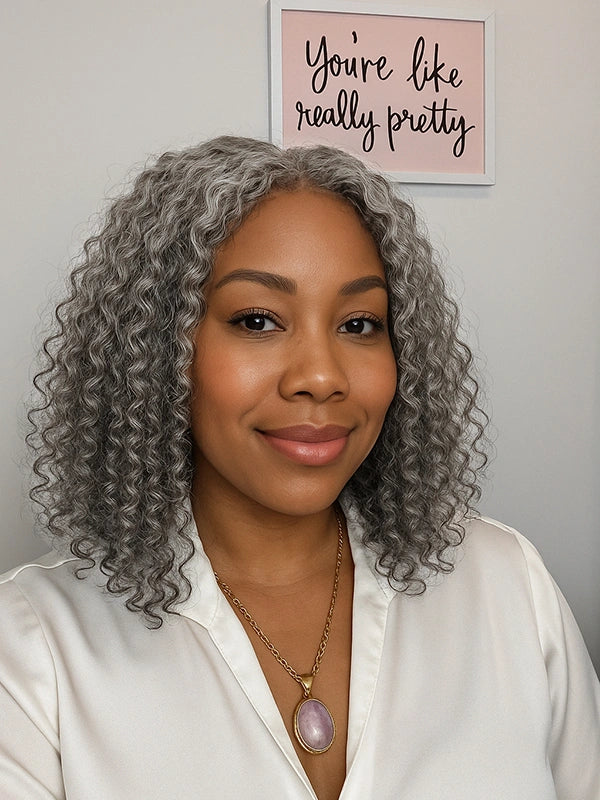 Luvwin Glueless Gray Curly Bob Wig on mature woman, 5x5 pre-cut lace, 100% human hair, natural look, suitable for any occasion