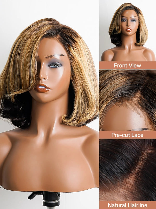 Luvwin P4/27 Mix Color Highlight Wavy Lace Frontal Bob Wig With Bang