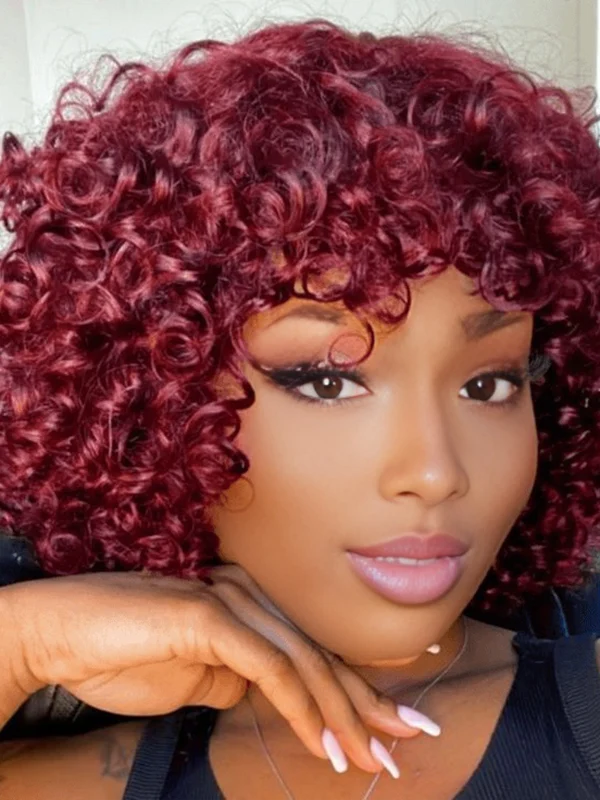Luvwin Dark Red Water Wave Glueless Short Bang Lace Wig