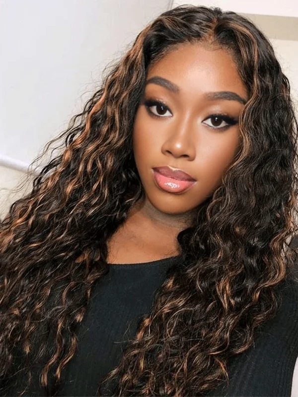 Luvwin 5x5 Side Part Water Wave Brown Highlights Pre-Cut Transparent Closure Wig