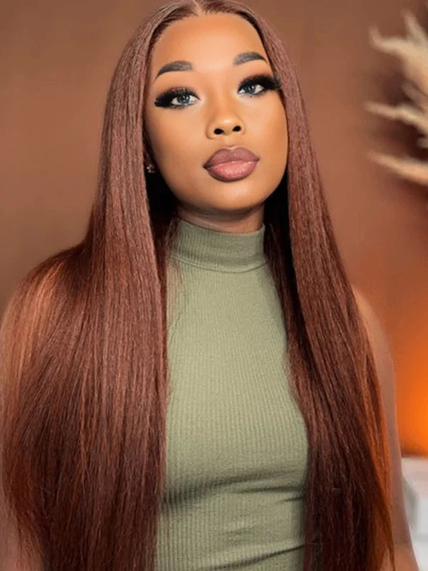 Luvwin Reddish Brown Kinky Straight 13x4 Pre-Cut Lace Human Hair Glueless Wigs