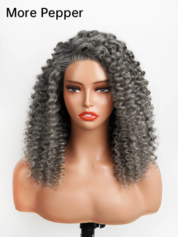 Close-up of Luvwin 13x4 Salt And Pepper Wand Curly Glueless Lace Wig, natural gray highlights, soft and bouncy curls, realistic human hair, pre-cut lace, perfect for mature and adult women seeking stylish everyday hair