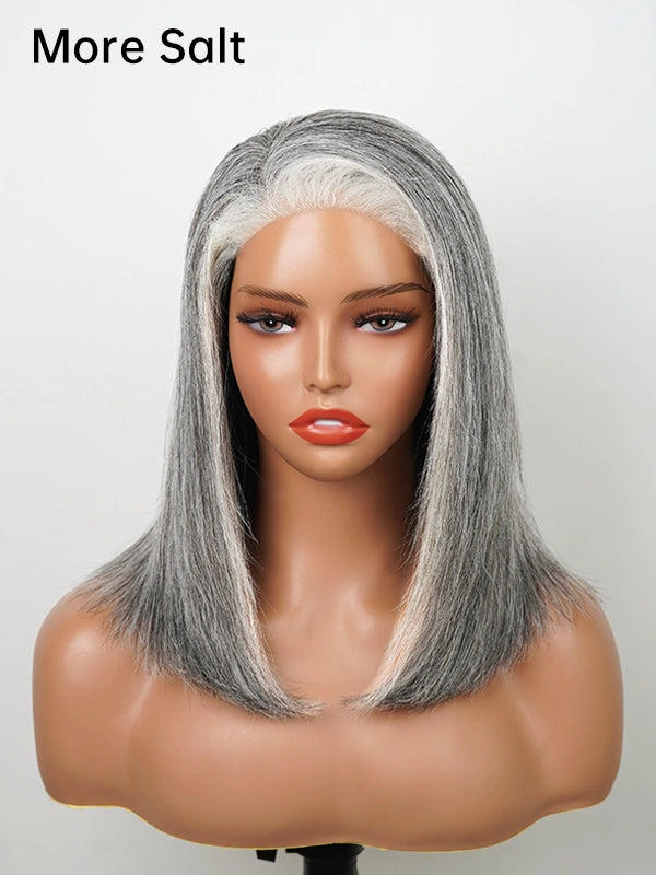 Product display of Luvwin 4C Edges Salt & Pepper More Salt Highlight Straight Wig, glueless lace front, realistic texture, natural gray highlights, comfortable and stylish wig for Black women, perfect for daily wear or special occasions