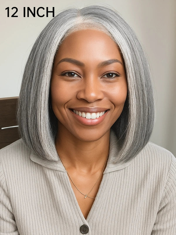 Luvwin 4C Edges Salt & Pepper More Salt Highlight Front Glueless Yaki Straight Wig worn by African American woman, natural human hair, realistic hairline, smooth straight style, perfect for mature women, everyday casual or formal events