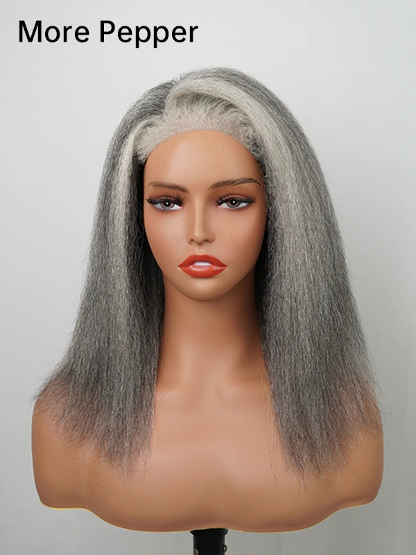 Mannequin wearing Luvwin 4C Edges Salt & Pepper More Salt Highlight Front Glueless Yaki Straight Wig, natural human hair, smooth straight style, realistic 4C edges, glueless, beginner friendly, suitable for middle-aged and older women