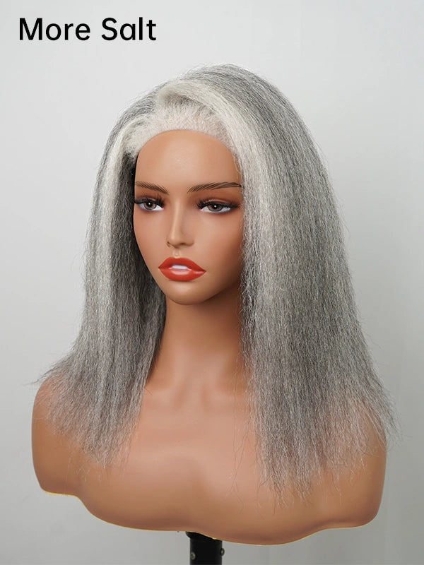 Luvwin Realistic 4C Edges Salt & Pepper More Salt Highlight Front Glueless Yaki Straight Wig on mannequin, natural human hair, smooth straight texture, realistic 4C edges, glueless and beginner friendly, elegant wig for mature black women