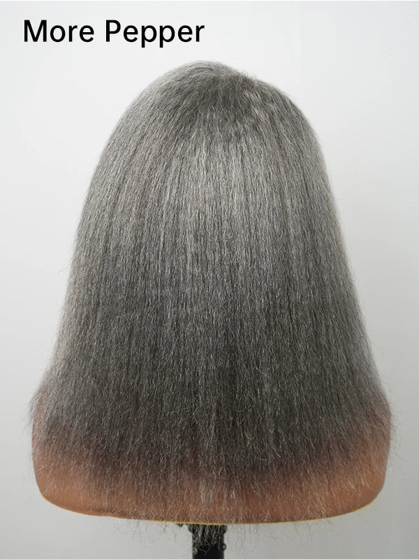 Mannequin displaying Luvwin 4C Edges Salt & Pepper More Salt Highlight Front Glueless Yaki Straight Wig, natural human hair, smooth straight style, realistic 4C edges, glueless and beginner friendly, elegant hairstyle for mature women