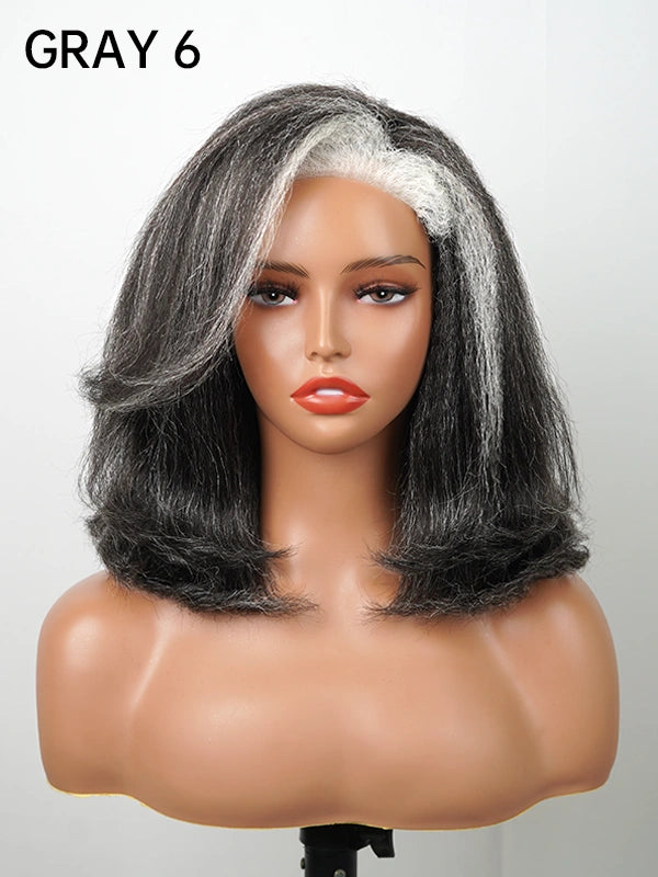 Luvwin Realistic 4C Edges Salt & Pepper More Salt Highlight Front Glueless Yaki Straight Wig displayed on mannequin head, natural human hair, smooth straight texture, realistic lace closure, beginner friendly, suitable for mature women, everyday or special occasions
