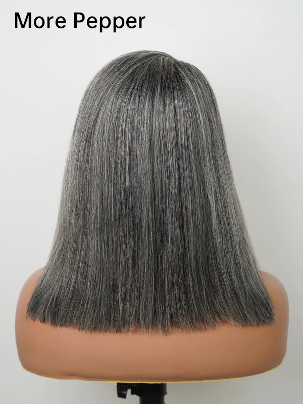Complete product view of Luvwin Salt and Pepper More Salt Highlight Straight Wig, pre-cut glueless lace front, realistic texture and 4C edges, soft gray highlight lace wig for Black women, natural-looking, comfortable, premium quality wig for stylish everyday wear