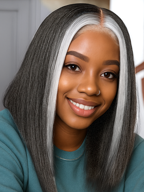 Luvwin Realistic 4C Edges Salt & Pepper More Salt Highlight Glueless Yaki Straight Wig, modeled by African American woman, natural human hair, beginner friendly, realistic hairline, suitable for middle-aged and older women, versatile for daily wear and formal occasions