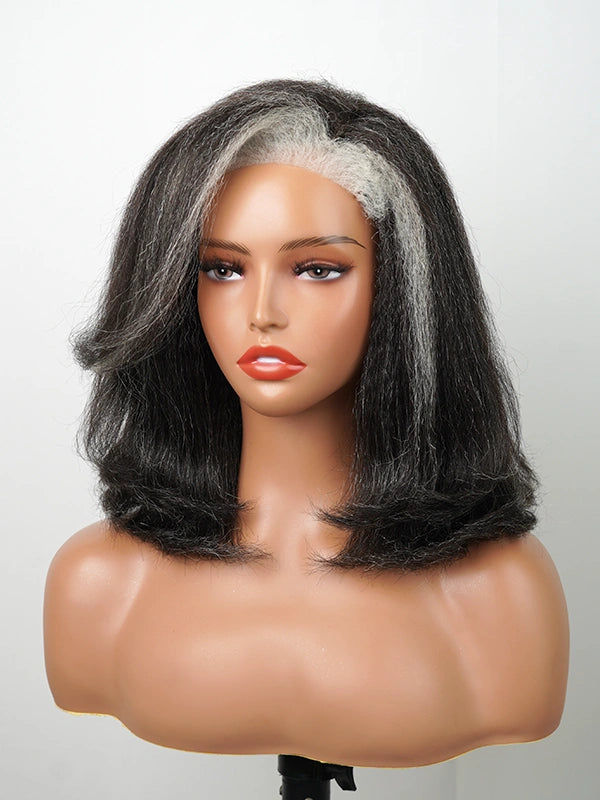 Mannequin display of Luvwin 4C Edges Salt & Pepper More Salt Highlight Front Glueless Yaki Straight Wig, natural human hair, realistic hairline, soft straight texture, beginner friendly, elegant and versatile wig for mature black women, daily or formal use