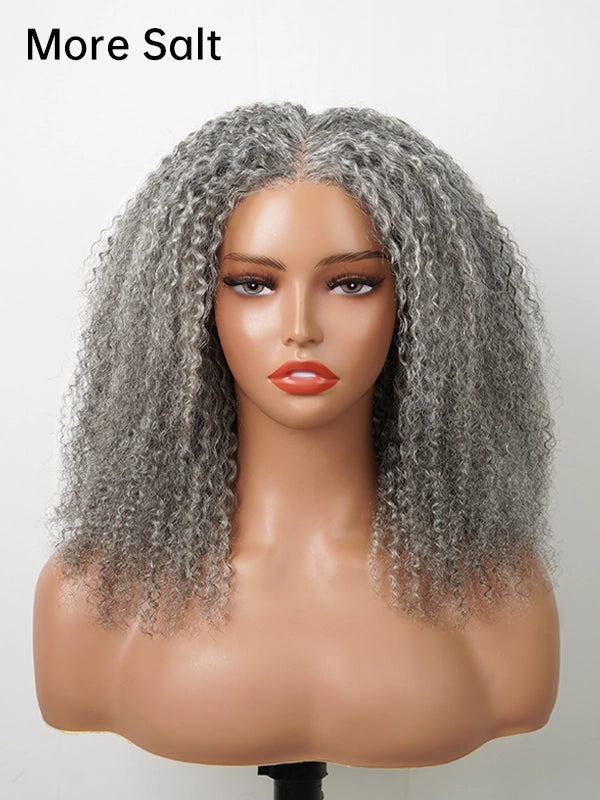 Full product display of Luvwin Salt & Pepper Burmese Curly Glueless Wig, 5x5 closure, 100% human hair, soft natural curls, realistic gray highlights, beginner-friendly lace wig for Black women