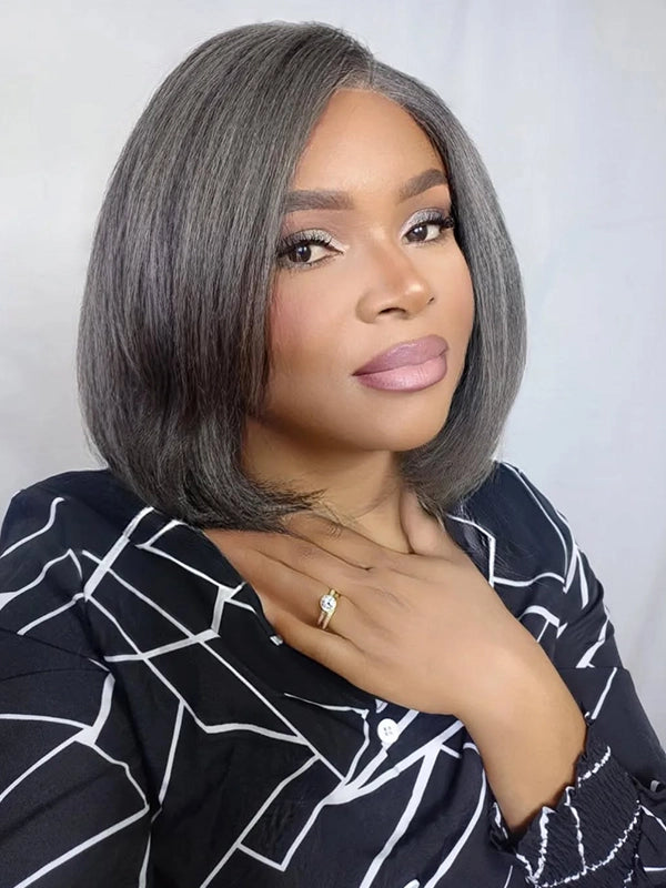 Black woman in Luvwin Salt & Pepper Kinky Straight Glueless Wig with free parting, 5x5 closure, natural 4C texture, realistic gray highlights, beginner-friendly lace wig for stylish Black women