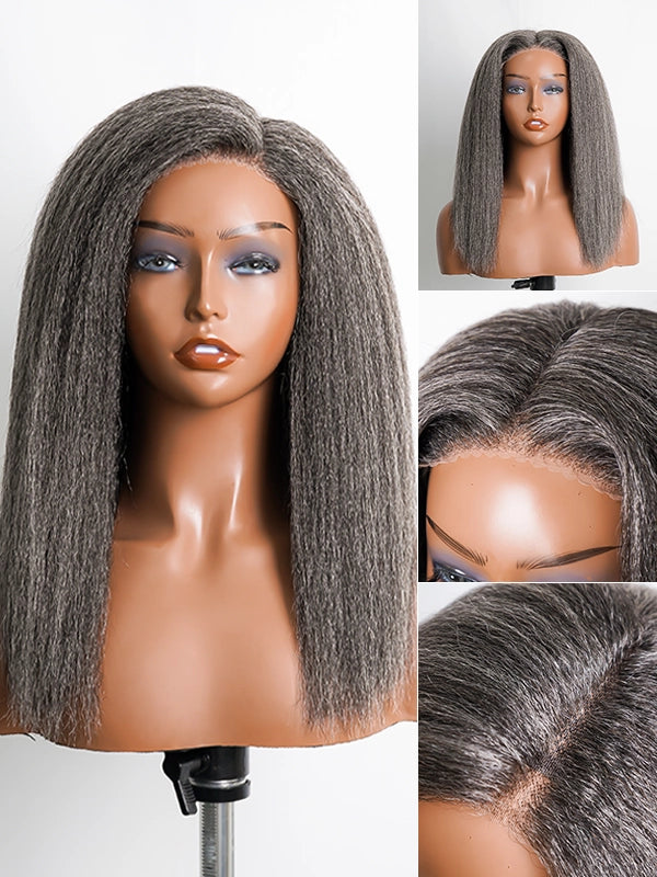 Full display of Luvwin Kinky Straight Salt & Pepper Glueless Wig, 5x5 closure, soft realistic texture, natural gray highlights, easy-to-style human hair wig for Black women