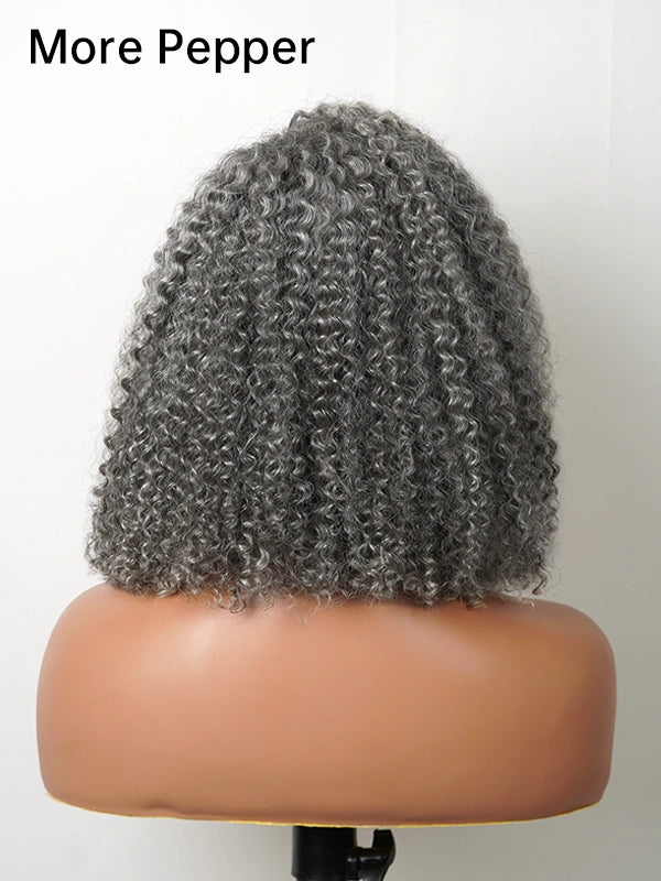 Luvwin 5x5 Deep Curly More Salt Frontal Glueless Bob Wig, pre-cut lace, soft Salt & Pepper gray curls, realistic human hair, adult and mature women, natural casual look for daily wear