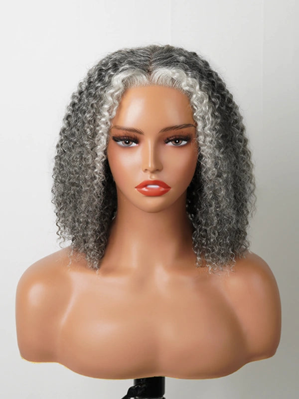 Luvwin 5x5 Deep Curly More Salt Frontal Glueless Bob Wig, Salt & Pepper gray, soft bouncy curls, pre-cut lace, realistic human hair texture, mature and adult women, natural everyday hairstyle