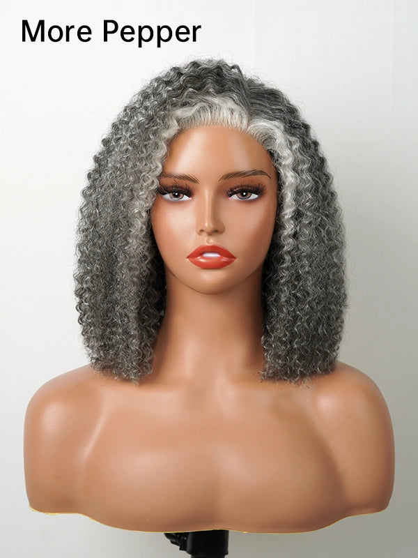Luvwin 5x5 Deep Curly More Salt Frontal Glueless Lace Bob Wig, natural gray Salt & Pepper highlights, soft deep curls, 100% human hair, comfortable and stylish for mature and adult women, perfect everyday wear