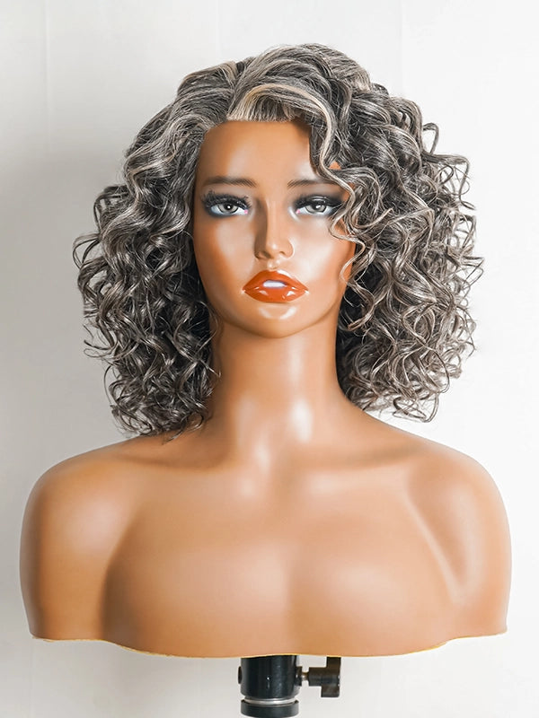 Product shot of Luvwin 5x5 Gentle Curly Salt & Pepper Glueless Bob Wig, soft grey curls, pre-cut lace, realistic human hair, natural style for adult and mature women, casual everyday wear