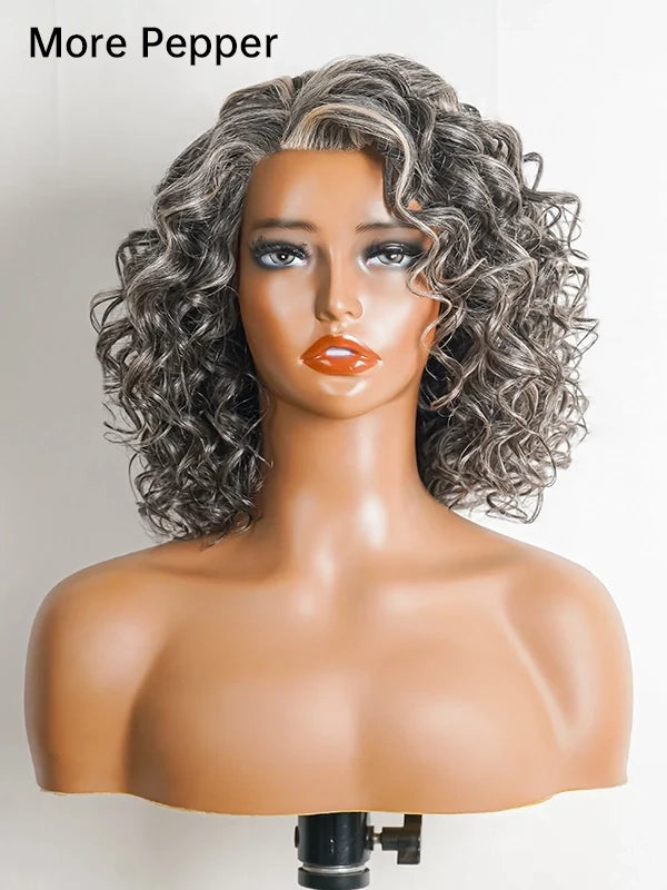 Product shot of Luvwin 5x5 Gentle Curly Salt & Pepper Glueless Bob Wig, soft grey curls, pre-cut lace, realistic human hair, natural style for adult and mature women, casual everyday wear