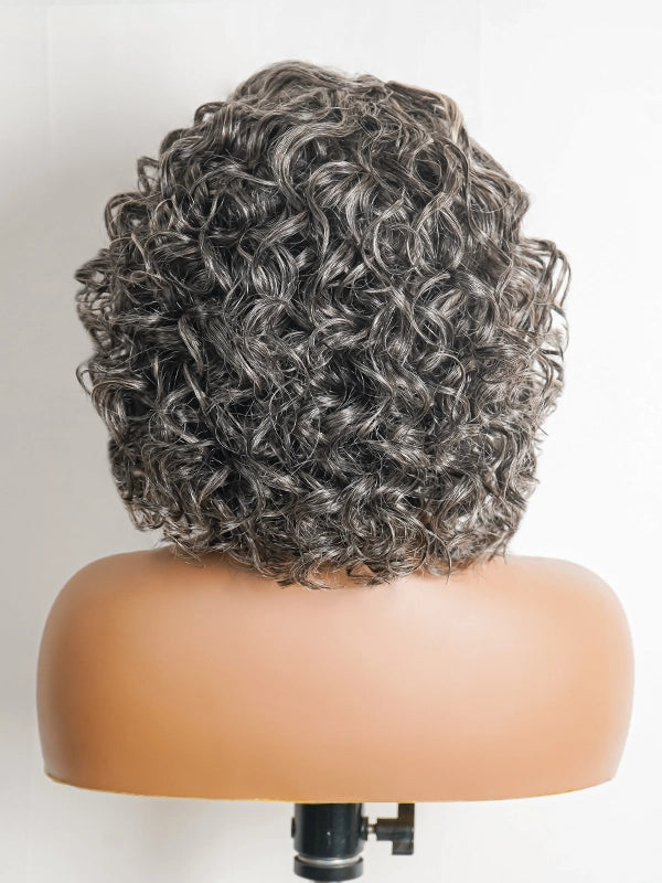 Close-up of Luvwin 5x5 Gentle Curly Salt & Pepper Glueless Lace Bob Wig, grey highlights, soft gentle curls, realistic human hair, pre-cut lace front, mature and adult women, natural and elegant look for daily wear
