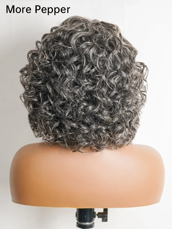 Close-up of Luvwin 5x5 Gentle Curly Salt & Pepper Glueless Lace Bob Wig, grey highlights, soft gentle curls, realistic human hair, pre-cut lace front, mature and adult women, natural and elegant look for daily wear