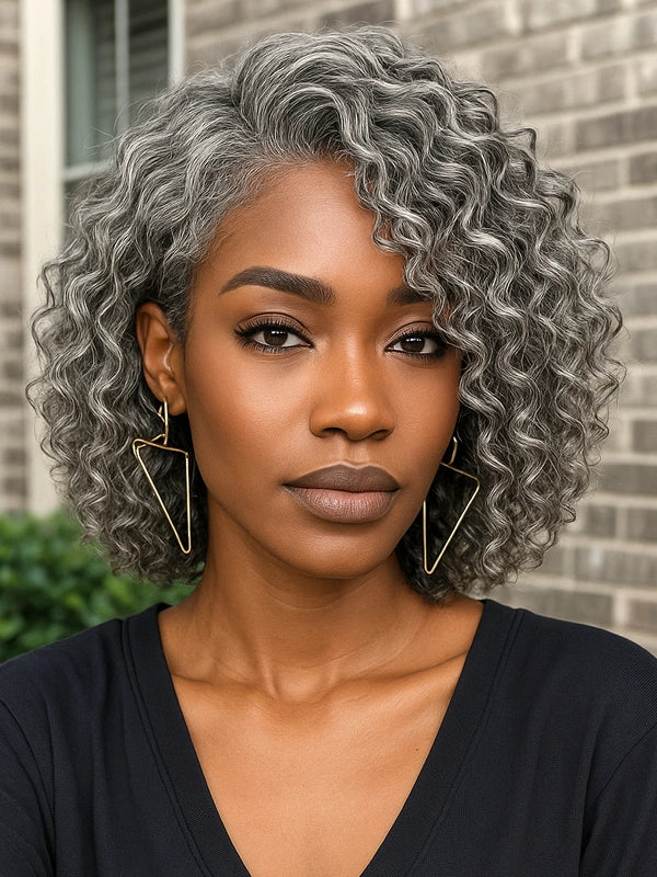 Luvwin 5x5 Gentle Curly Salt & Pepper Glueless Lace Bob Wig, soft natural grey curls, pre-cut lace front, realistic human hair, comfortable and stylish for adult and mature women, perfect everyday hairstyle