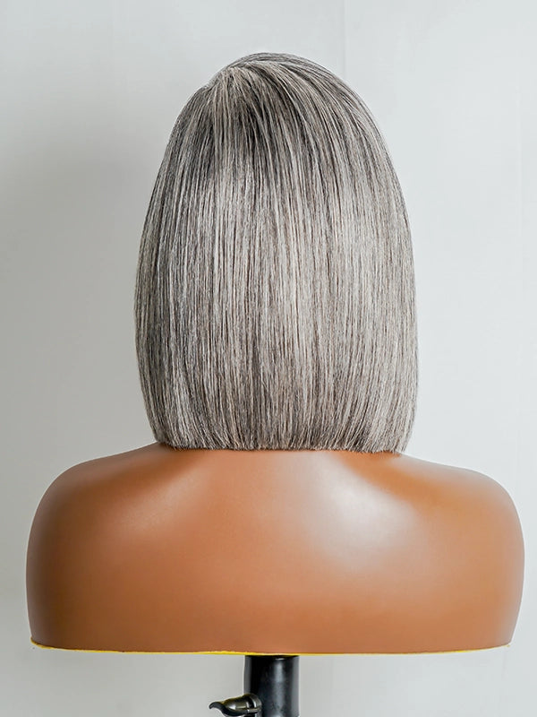 Close-up of Luvwin 5x5 Salt and Pepper Glueless Gray Lace Straight Bob Wig, showing hair texture and quality, suitable for mature women and various occasions