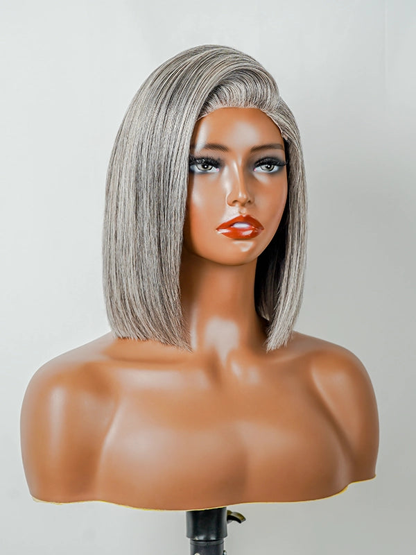 Luvwin 5x5 Salt and Pepper Glueless Gray Lace Straight Bob Wig, soft and smooth texture, ideal for everyday wear or elegant events for mature women