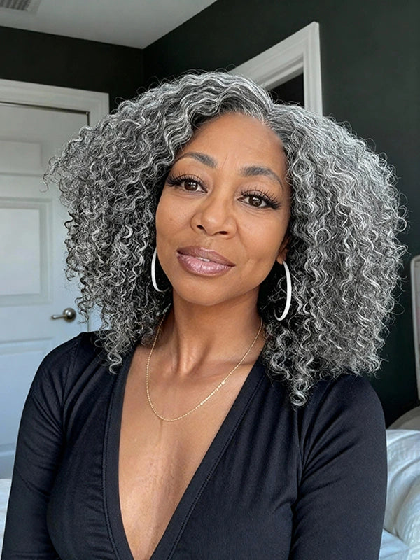 Luvwin 5x5 jerry curly salt and pepper gray bob wig, glueless human hair wig with fluffy natural curls, realistic gray white blend worn by a real woman.