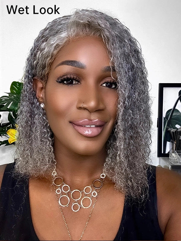 Luvwin 5x5 jerry curly salt and pepper gray bob wig with wet look style, glueless lace, fluffy natural curls, worn by real model.