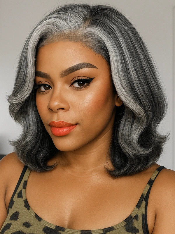 African American woman modeling Luvwin 5X5 Salt & Pepper More Salt Highlight Glueless Wave Wig, 100% real human hair, soft waves, natural highlights, beginner friendly and stylish everyday hairstyle