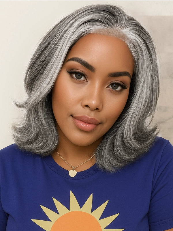 Luvwin Salt & Pepper More Salt Highlight Front Glueless Wave Wig, worn by African American woman, natural human hair, 5x5 lace, soft wave style, realistic look, easy to wear for beginners