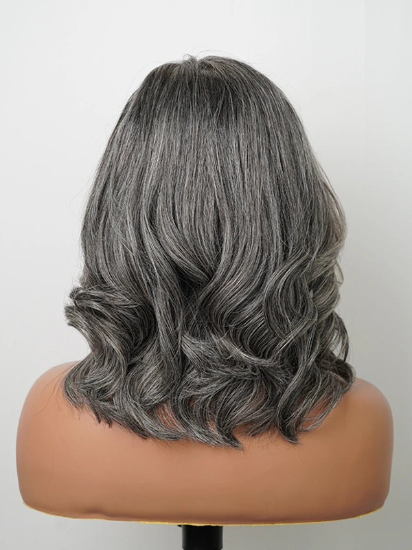 Luvwin 5X5 Lace Salt & Pepper More Salt Highlight Front Glueless Wave Wig on mannequin, natural human hair, soft wave hairstyle, realistic lace closure, easy to wear for black women