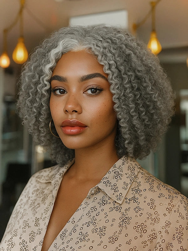 Luvwin 5x5 Deep Curly More Salt Frontal Glueless Bob Wig, Salt & Pepper gray color, 100% human hair, soft bouncy curls, pre-cut lace, mature and adult women, casual and stylish daily hairstyle