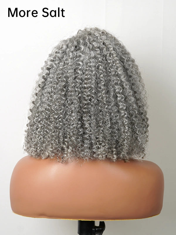 Luvwin 5x5 Deep Curly More Salt Frontal Glueless Bob Wig, realistic human hair, soft natural curls, gray Salt & Pepper highlights, pre-cut lace front, adult and mature women, perfect for natural everyday hairstyles