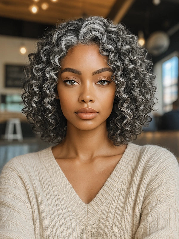 Luvwin 5x5 Gentle Curly Salt & Pepper Glueless Bob Wig, grey highlights, soft gentle curls, pre-cut lace front, realistic human hair, mature and adult women, elegant natural look for daily wear