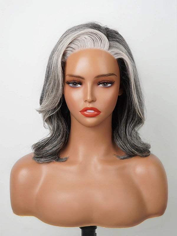 Luvwin 5X5 Salt & Pepper More Salt Highlight Glueless Wave Wig displayed on mannequin head, 100% human hair, soft waves, natural highlights, realistic lace closure, beginner friendly