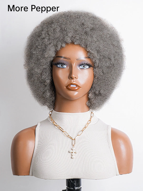 Luvwin Afro Natural Hairstyle Realistic Wig, Salt & Pepper gray highlights, soft voluminous curls, glueless human hair wig, beginner-friendly for middle-aged and older women, suitable for social gatherings, weekend events, or professional settings