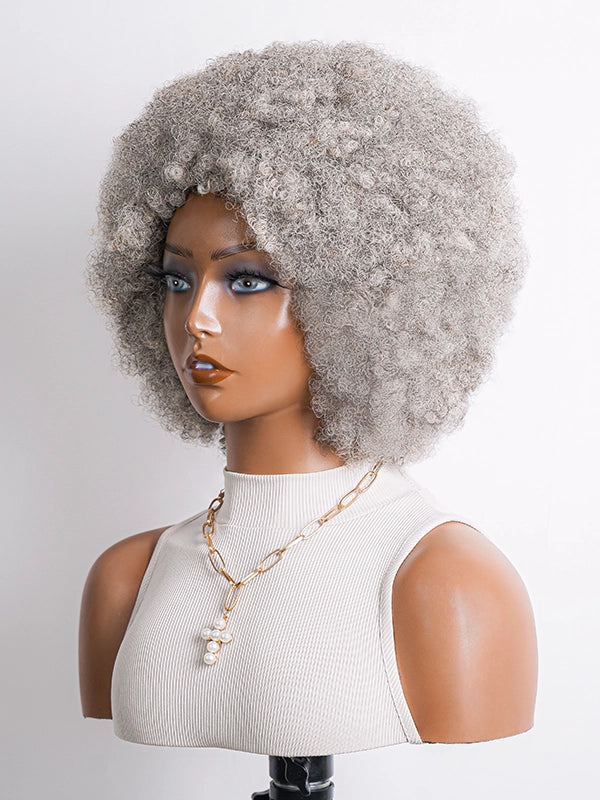 Luvwin Afro Natural Hairstyle Wig with Salt & Pepper highlights, soft natural curls, realistic gray tones, beginner-friendly human hair wig, suitable for mature women, mid-aged and older, perfect for work events, weekend activities, or social gatherings