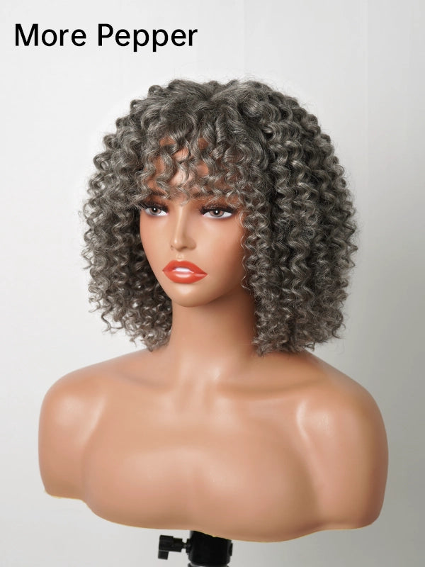 Product view of Luvwin Salt And Pepper Defined Curls Wig with Bangs, soft realistic curls, glueless lace front, 100% human hair, easy-to-style wig for work, weekend, and casual occasions