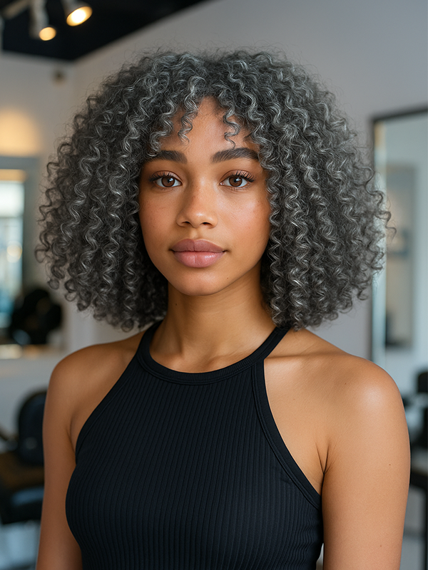 Black woman wearing Luvwin Salt And Pepper Defined Curls Wig with Bangs, soft natural curls, realistic gray highlights, glueless lace front, easy-to-style wig for everyday wear and casual events