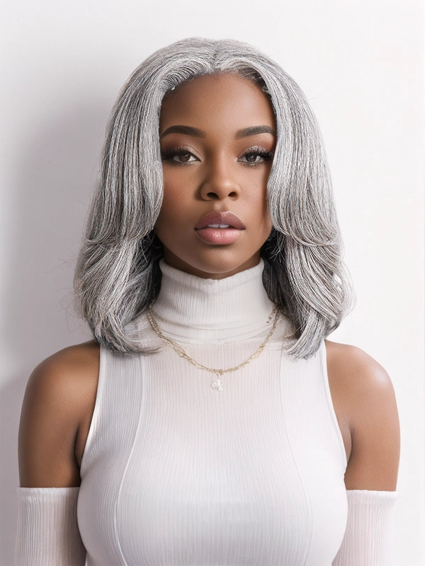 Black woman wearing Luvwin Gray Layered Style Wig, Salt & Pepper color, soft natural layers, realistic gray highlights, glueless 5x5 closure lace, easy-to-style human hair wig for Black women