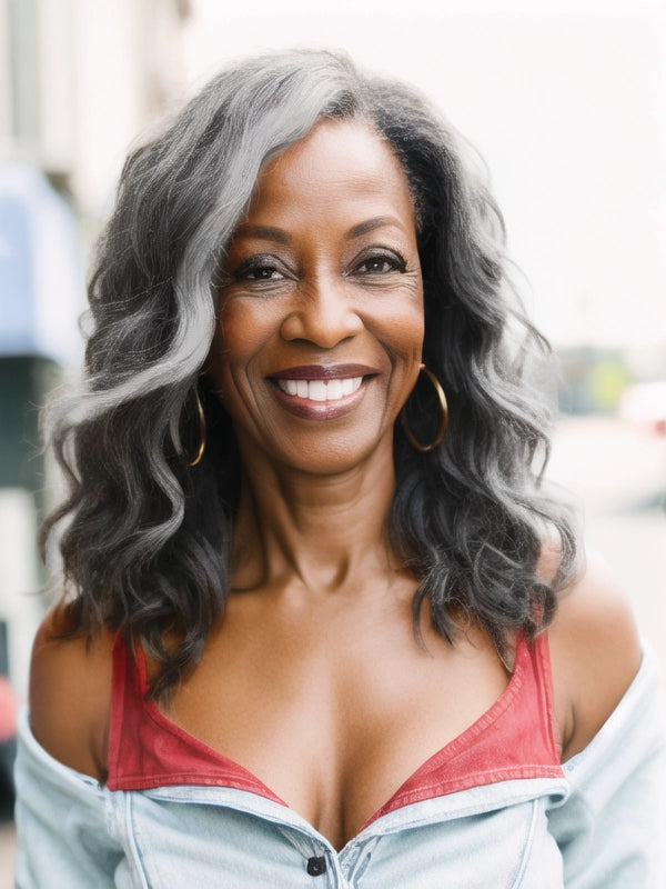 Mature African American woman wearing Luvwin 5x5 Closure Loose Wave Bob Wig, soft natural waves, realistic Salt & Pepper highlights, beginner-friendly human hair wig, stylish and easy-to-wear for Black women