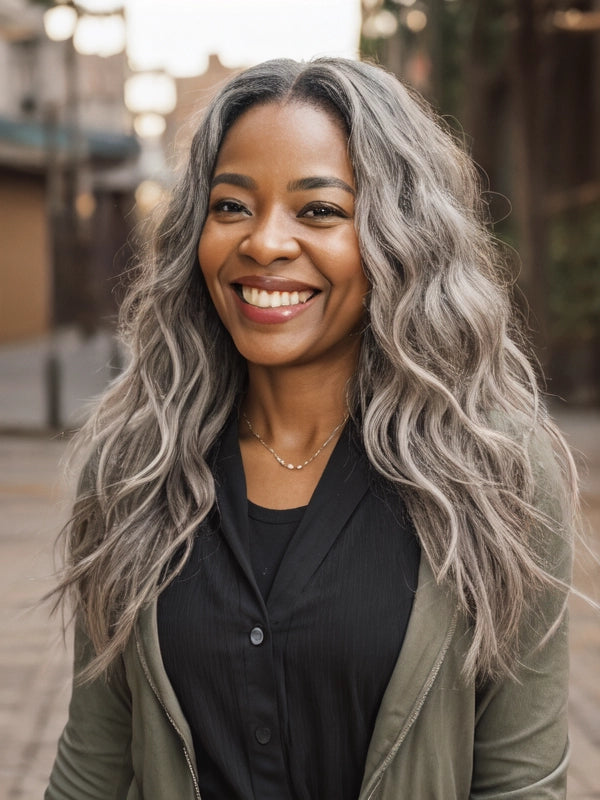 Mature African American woman wearing Luvwin Loose Wave 5x5 Closure Glueless Wig, soft natural waves, realistic Salt & Pepper highlights, beginner-friendly human hair wig, stylish and easy-to-wear for Black women