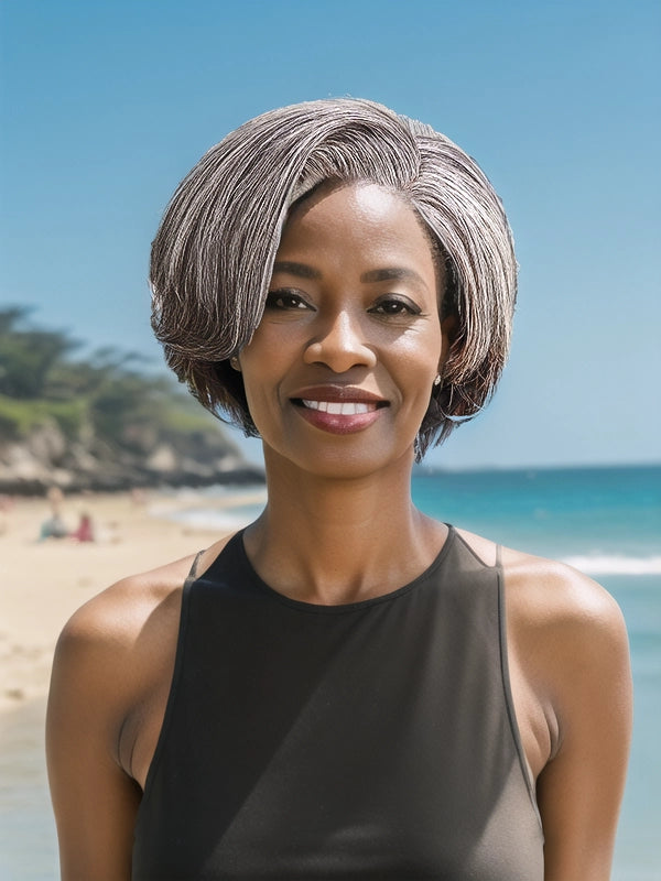 Mature African American woman wearing Luvwin 5x5 Closure Pixie Cut Side Part Wig, soft natural pixie cut, realistic Salt & Pepper highlights, beginner-friendly human hair wig, stylish and easy-to-wear for Black women
