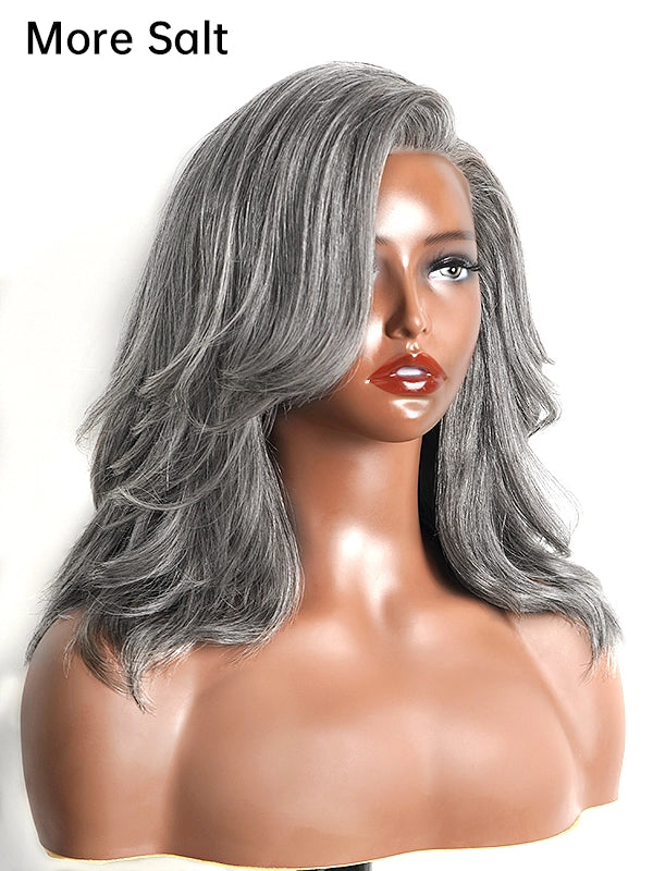 Detailed view of Luvwin Salt & Pepper Gray Glueless Layered Wave Wig, natural 100% human hair, soft realistic waves, beginner friendly lace wig for Black women seeking elegant gray hairstyles