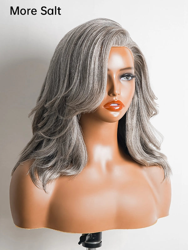 Detailed view of Luvwin Salt & Pepper Gray Glueless Layered Wave Wig, natural 100% human hair, soft realistic waves, beginner friendly lace wig for Black women seeking elegant gray hairstyles