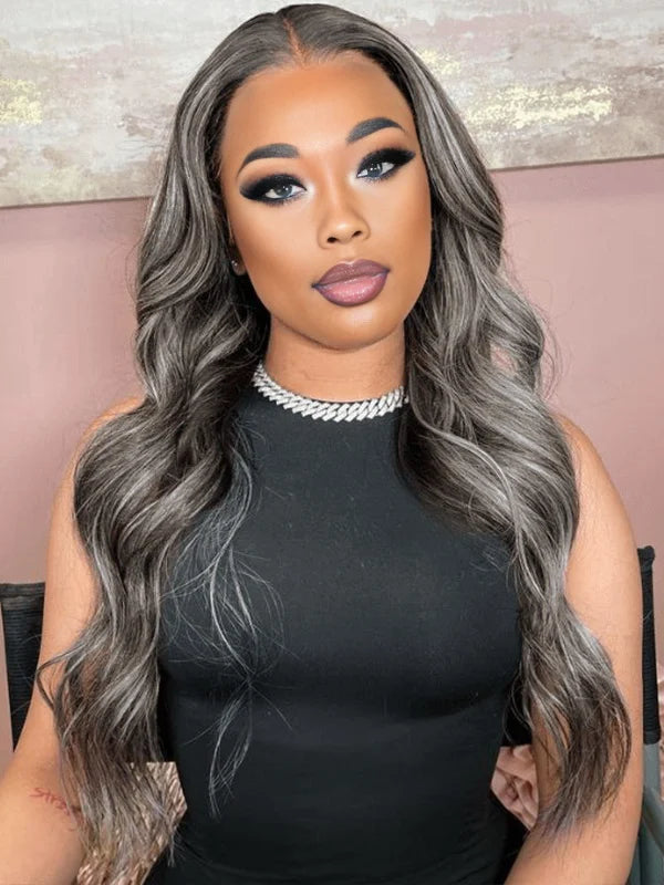 Black woman wearing Luvwin 13x4 Loose Wave Layered Cut Wig with White Money Piece, soft natural waves, realistic Salt & Pepper highlights, glueless lace front, easy-to-style human hair wig for Black women