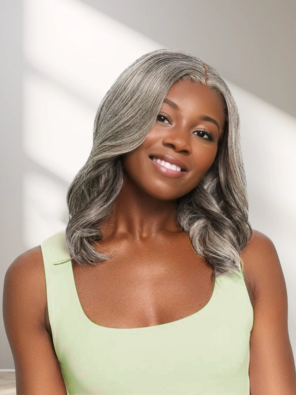 Mature African American woman wearing Luvwin 13x4 Casual Wave Glueless Bob Wig, soft casual waves, realistic Salt & Pepper highlights, beginner-friendly human hair wig, stylish and easy-to-wear for Black women